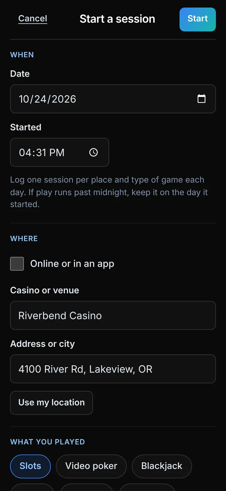 The Start a session form with the date, time, Riverbend Casino, its address and the Slots game selected