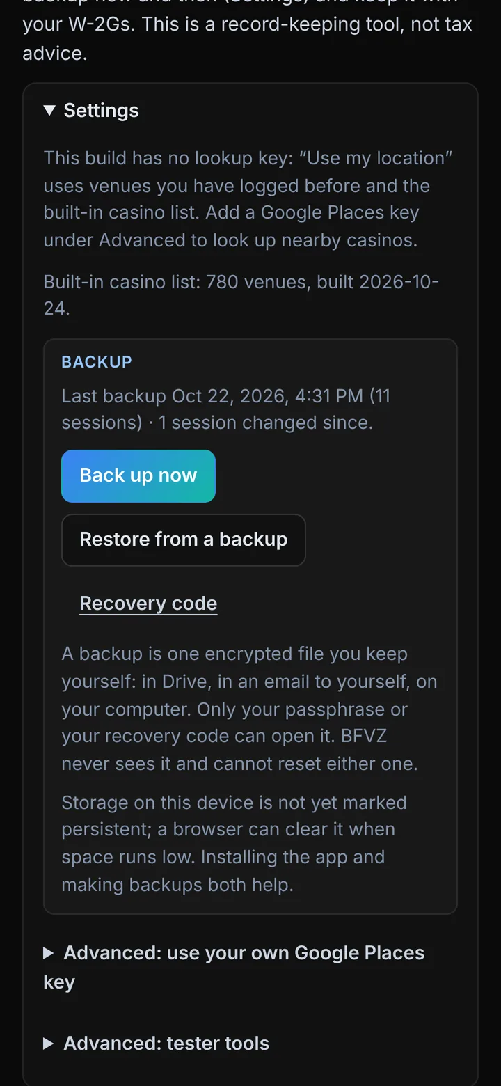 The Settings screen with the Backup block: Back up now, Restore from a backup, Recovery code