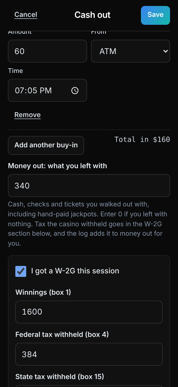 The Cash out form with money out, tax withheld and the W-2G fields